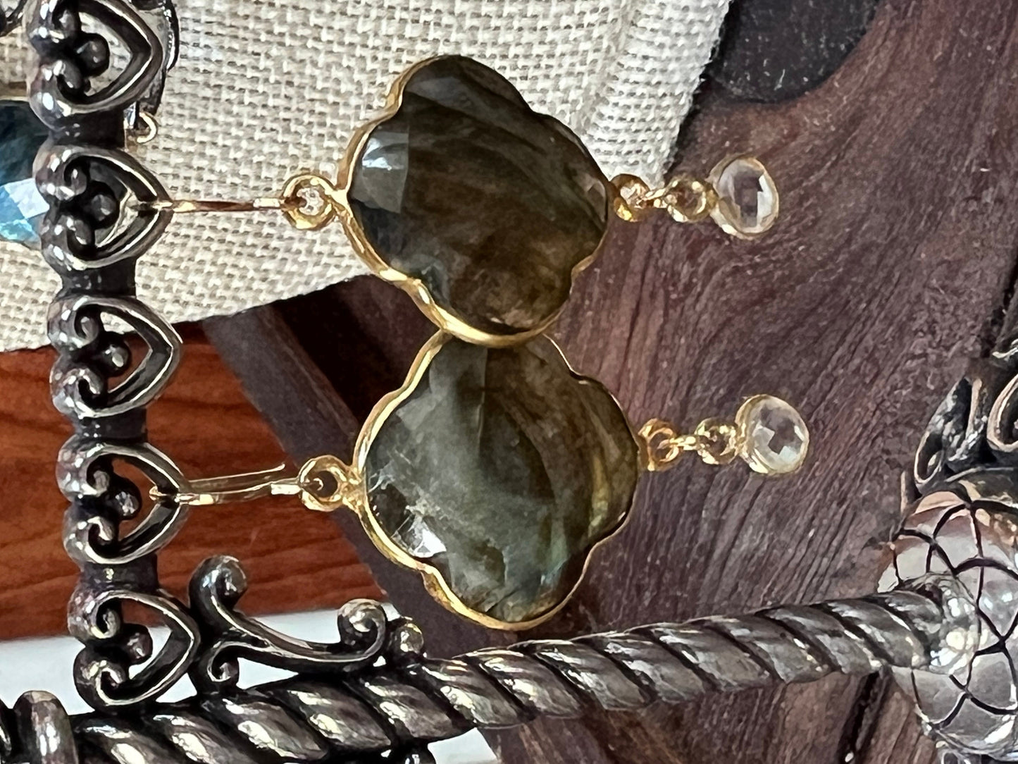 20mm Natural Labradorite Gemstone Earrings w/ Gold w/ rock crystal and Vermeil hooks
