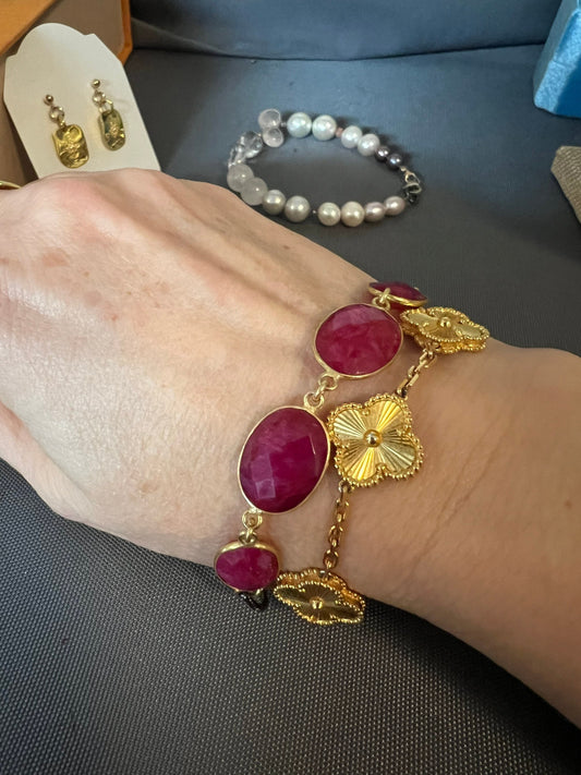 Oval Ruby Link Chain Bracelet Gold Vermeil