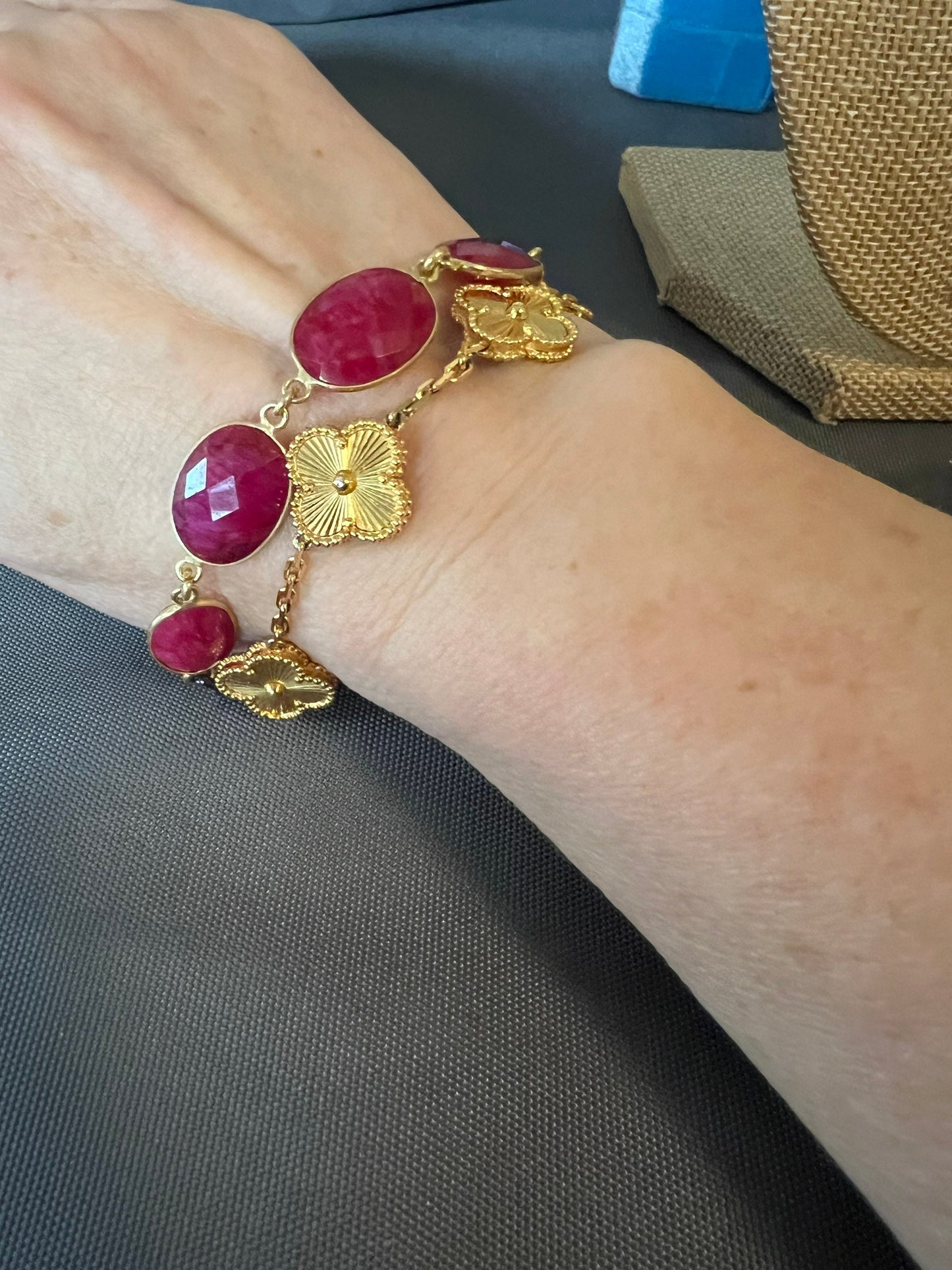 Oval Ruby Link Chain Bracelet Gold Vermeil