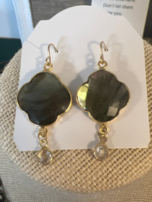 20mm Natural Labradorite Gemstone Earrings w/ Gold w/ rock crystal and Vermeil hooks