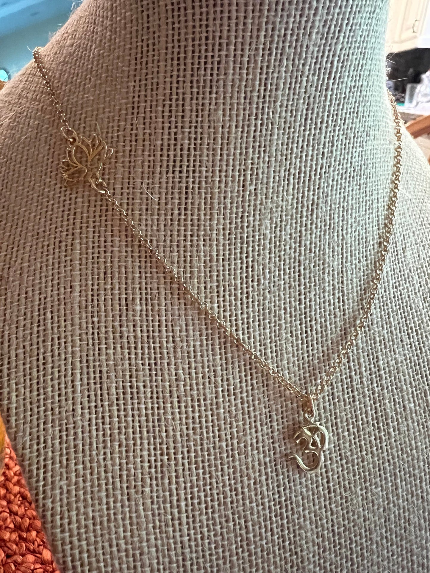 Lotus and Om Necklace 16”-18” Gold Vermeil