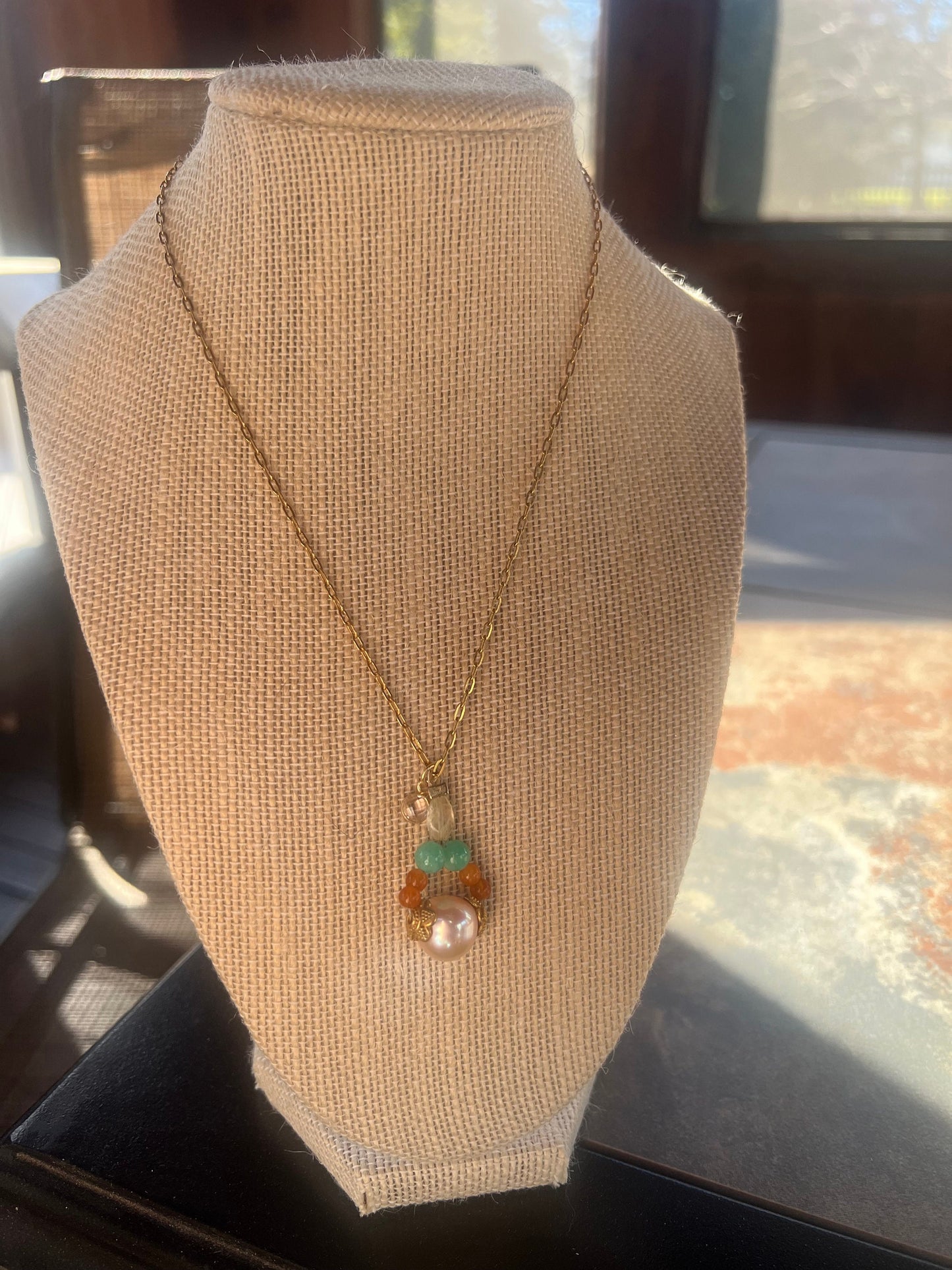 11mm Peach Pearl orange and aqua quartzite with lemon citrine 16” necklace