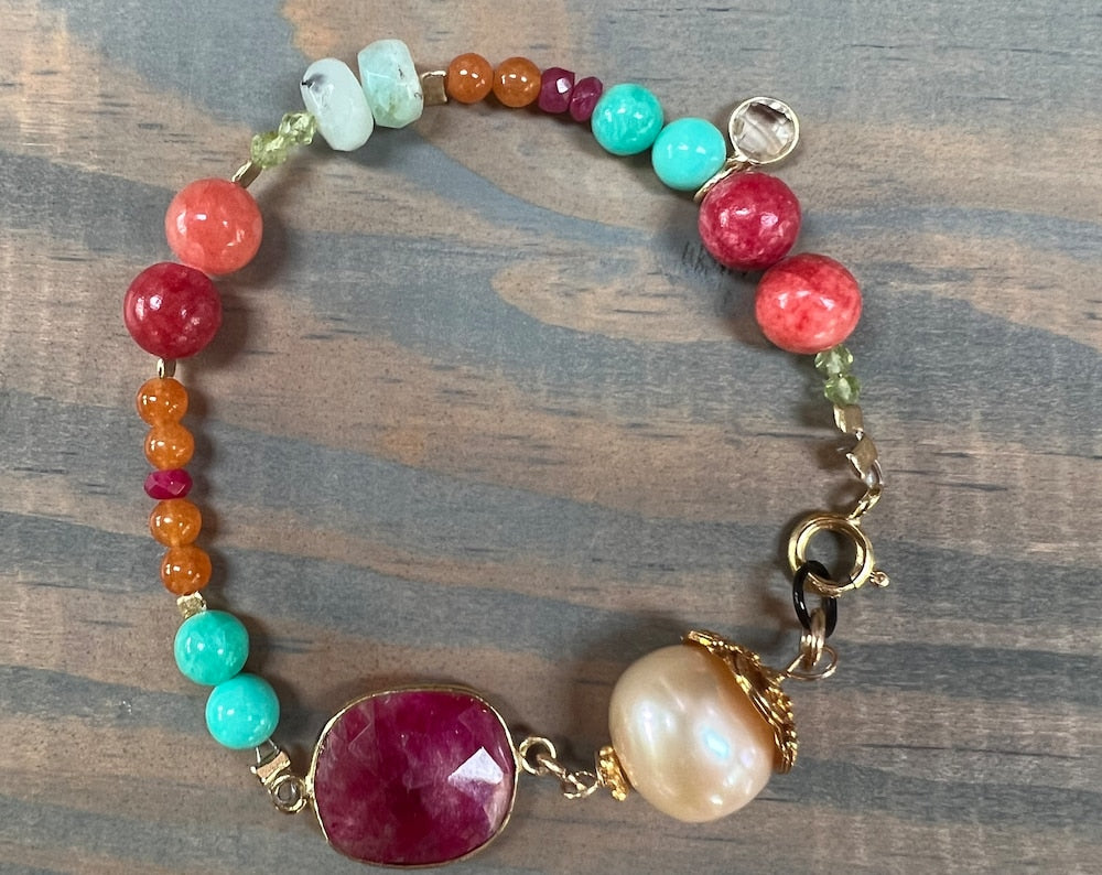 Multi-Quartzite, Ruby, and Pearl Beaded Bracelet
