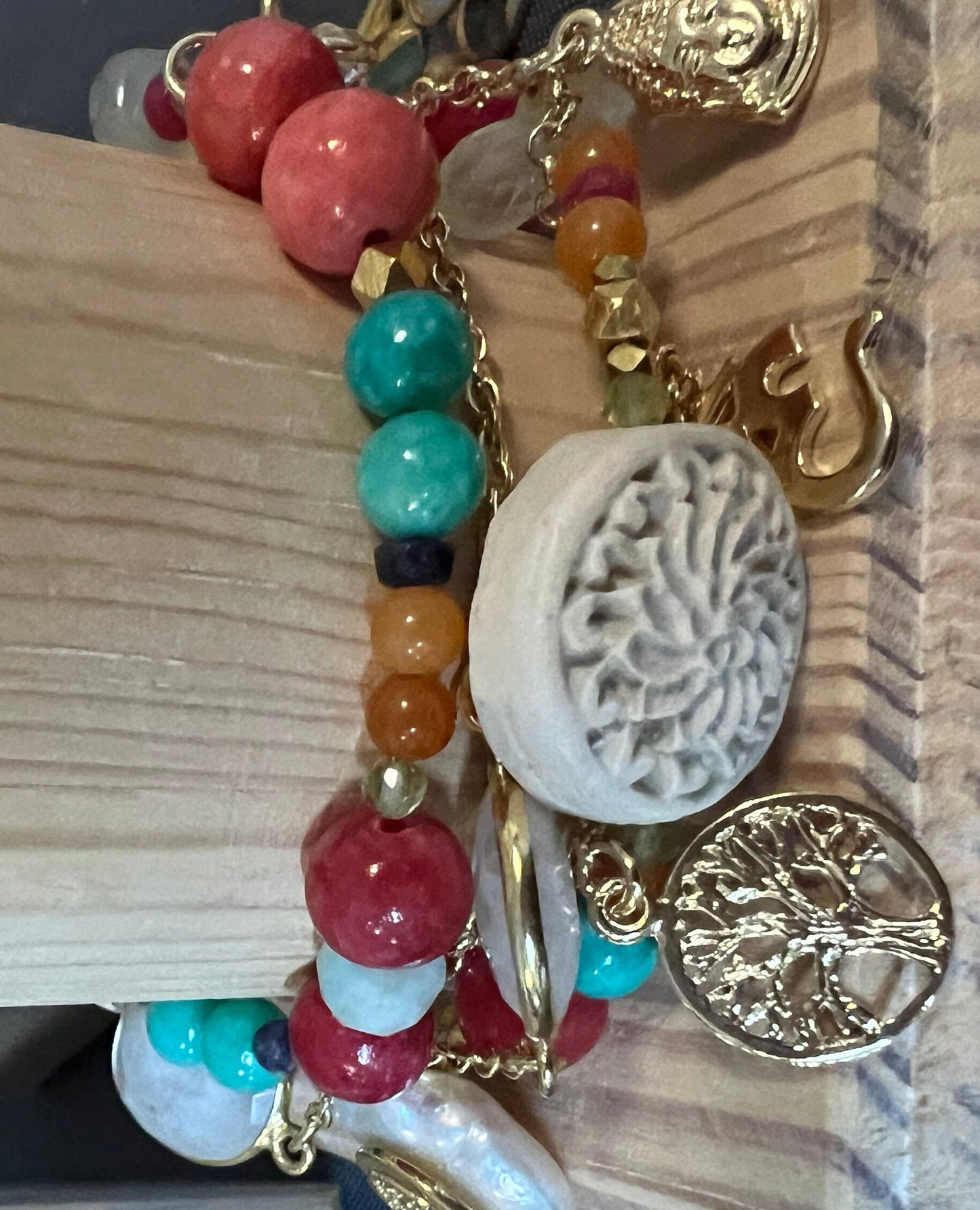 5 Charm Gold Vermeil Lotus Ohm Tree of Life Bracelet