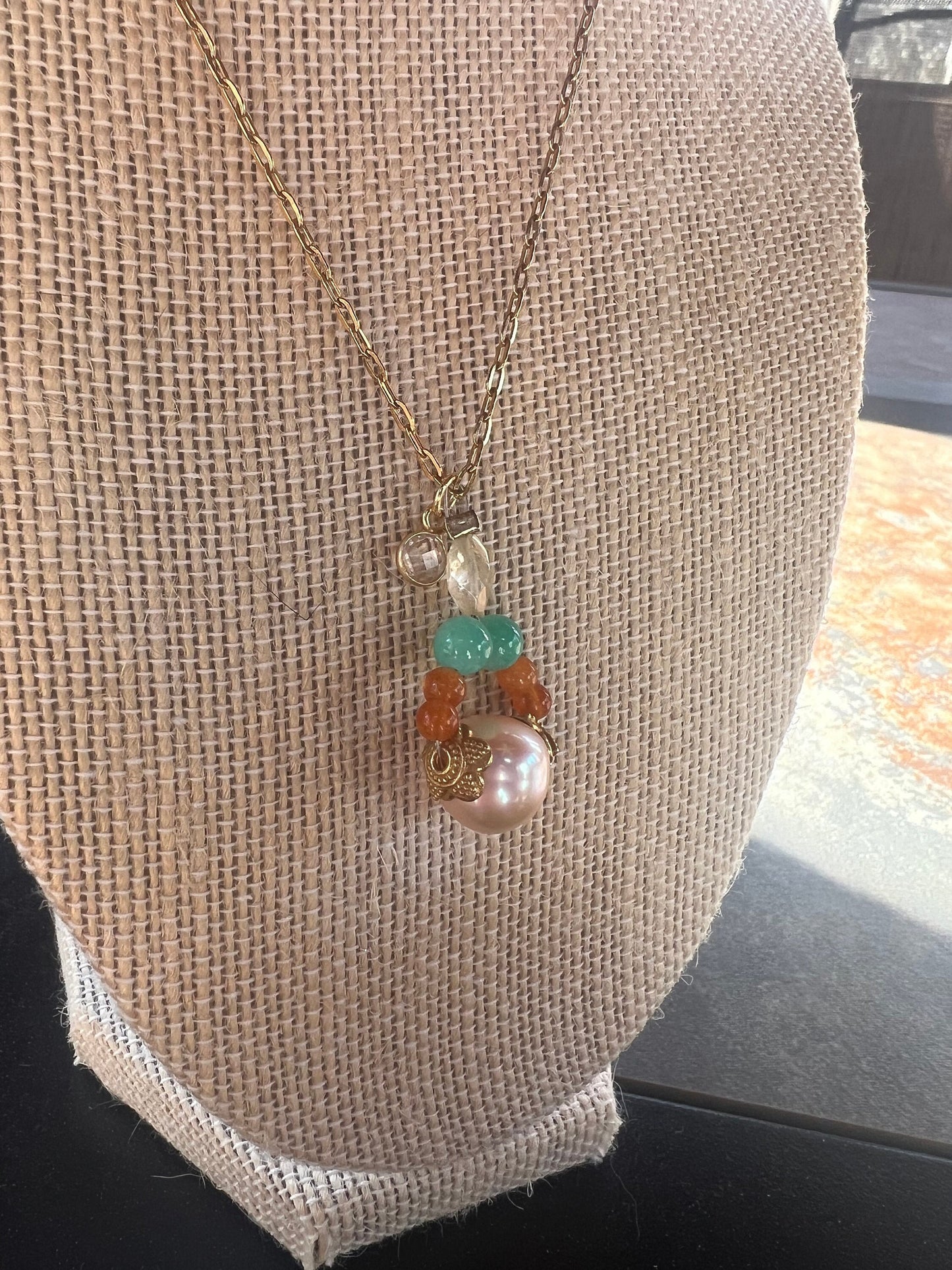 11mm Peach Pearl orange and aqua quartzite with lemon citrine 16” necklace
