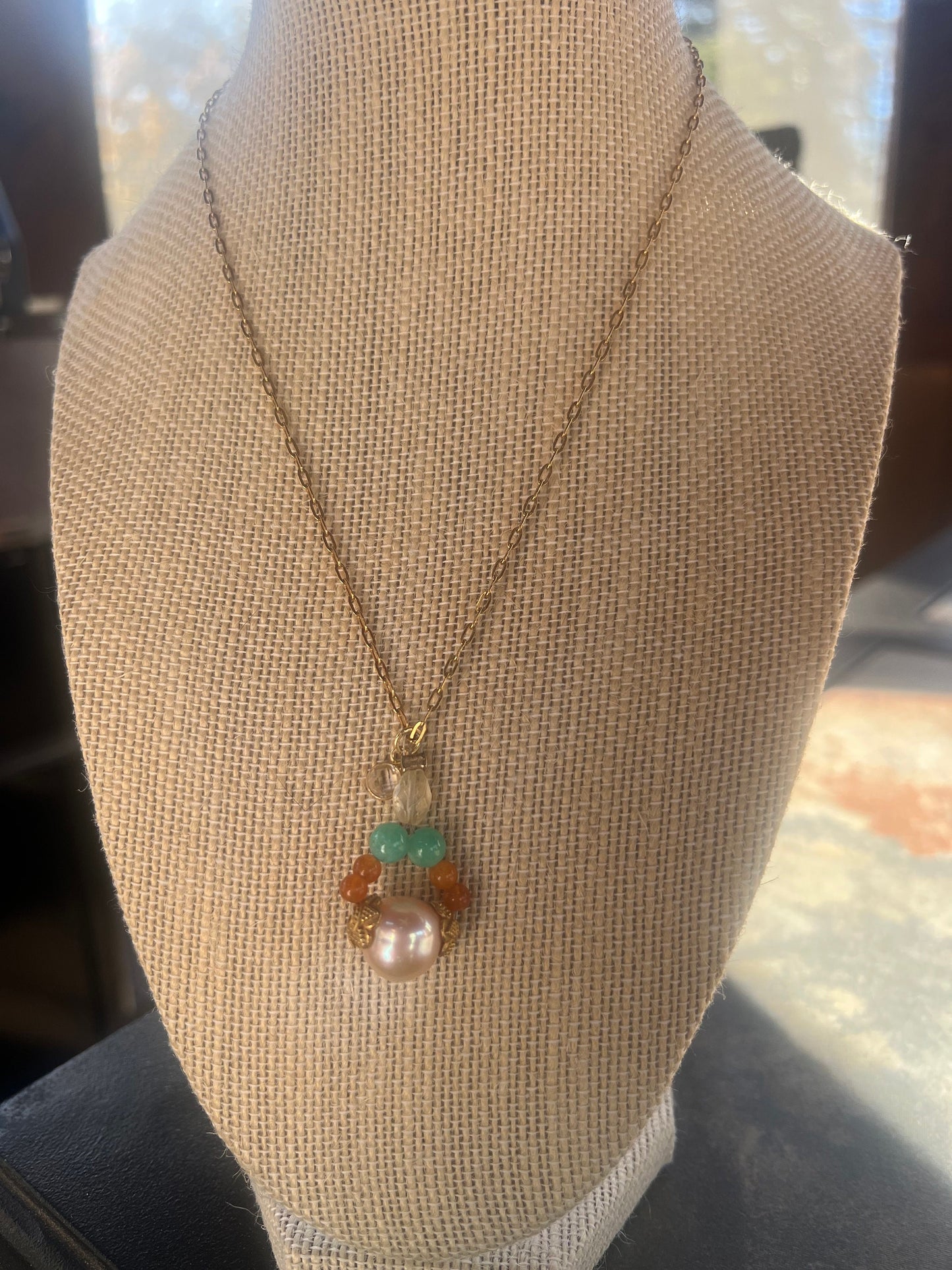 11mm Peach Pearl orange and aqua quartzite with lemon citrine 16” necklace