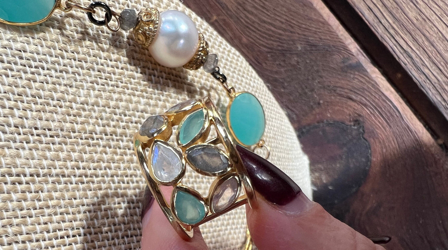 Multi-gem Vermeil Gold Ring size 7, Aqua Chalcedony, Labradorite Price Drop!
