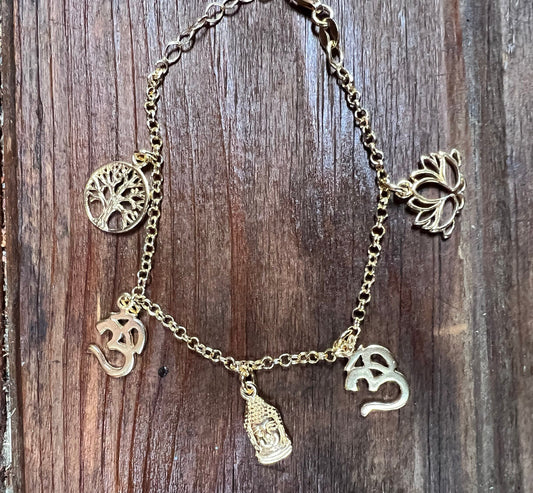 5 Charm Gold Vermeil Lotus Ohm Tree of Life Bracelet