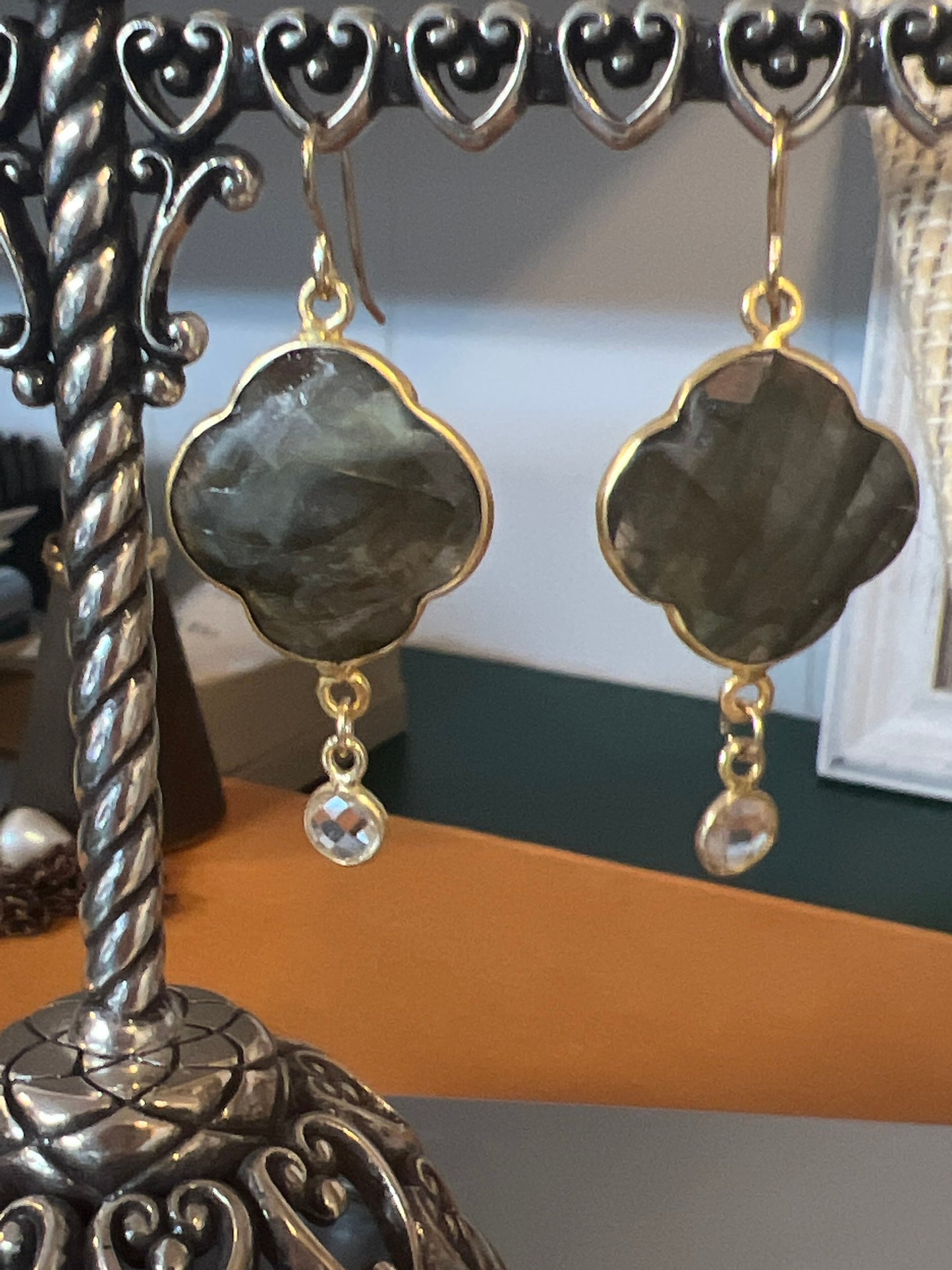 20mm Natural Labradorite Gemstone Earrings w/ Gold w/ rock crystal and Vermeil hooks
