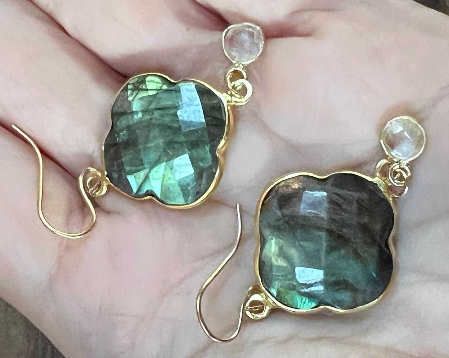 20mm Natural Labradorite Gemstone Earrings w/ Gold w/ rock crystal and Vermeil hooks