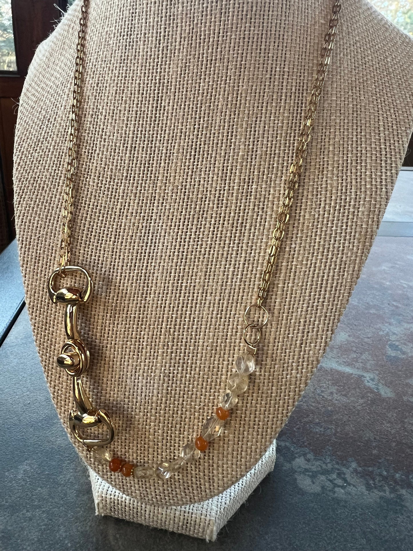 22” Gold Paperlink Necklace with Citrine and Gold Snaffle Horse Bit