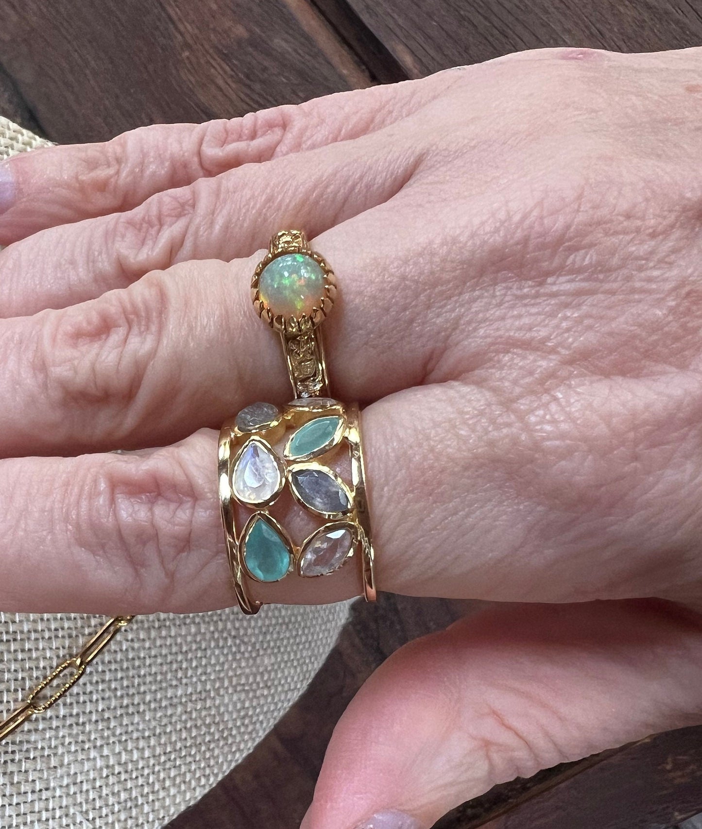 Multi-gem Vermeil Gold Ring size 7, Aqua Chalcedony, Labradorite Price Drop!