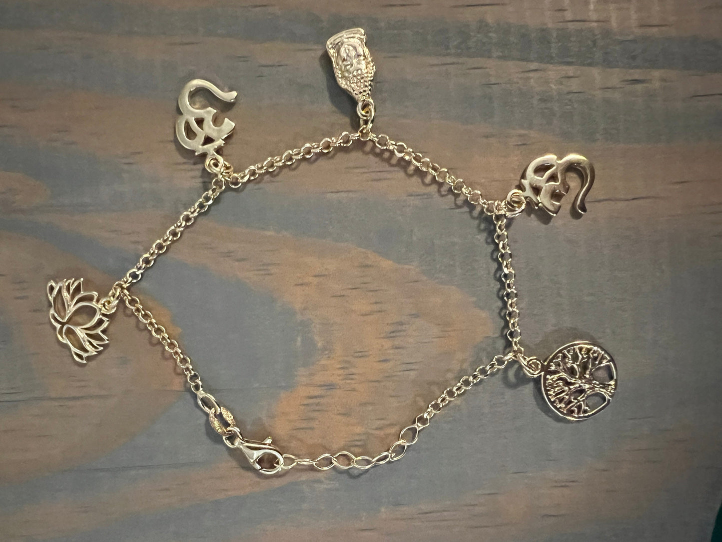 5 Charm Gold Vermeil Lotus Ohm Tree of Life Bracelet