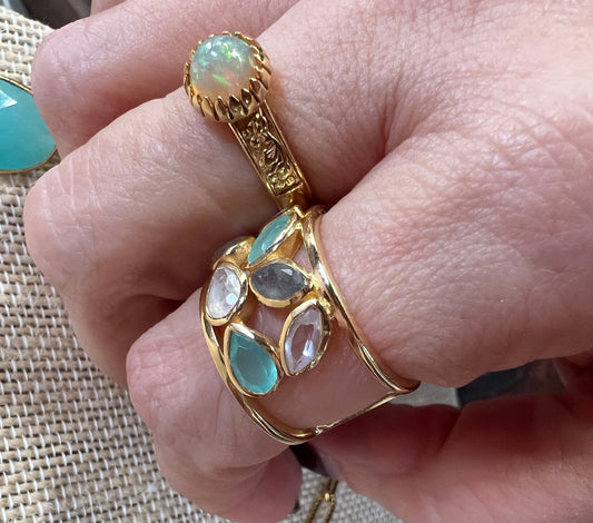 Multi-gem Vermeil Gold Ring size 7, Aqua Chalcedony, Labradorite Price Drop!