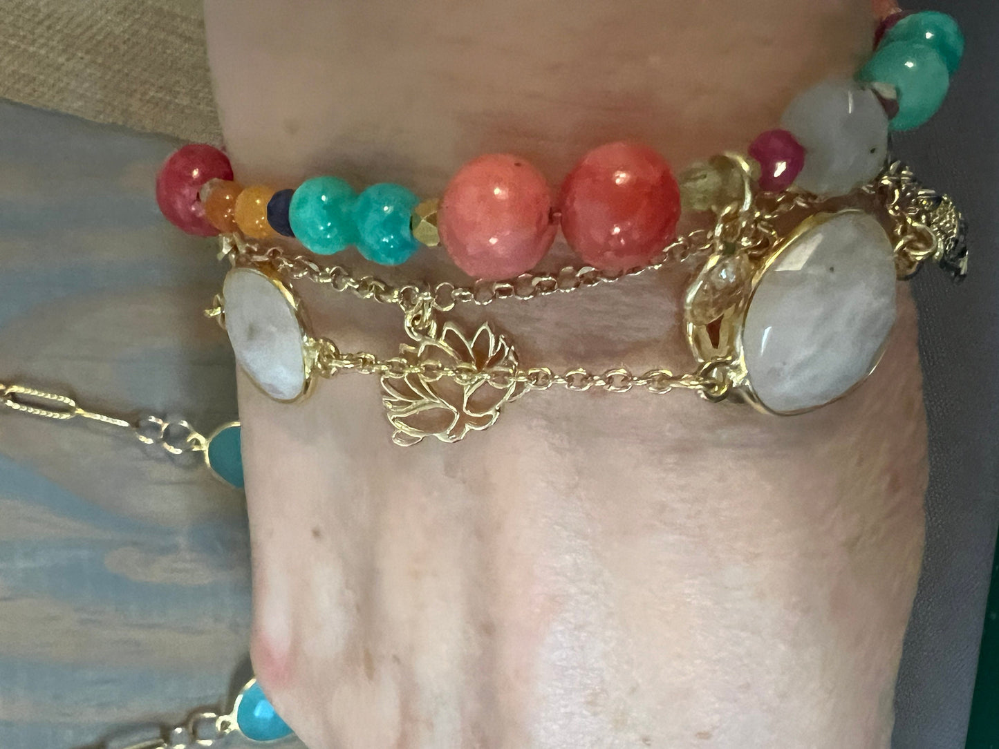 5 Charm Gold Vermeil Lotus Ohm Tree of Life Bracelet