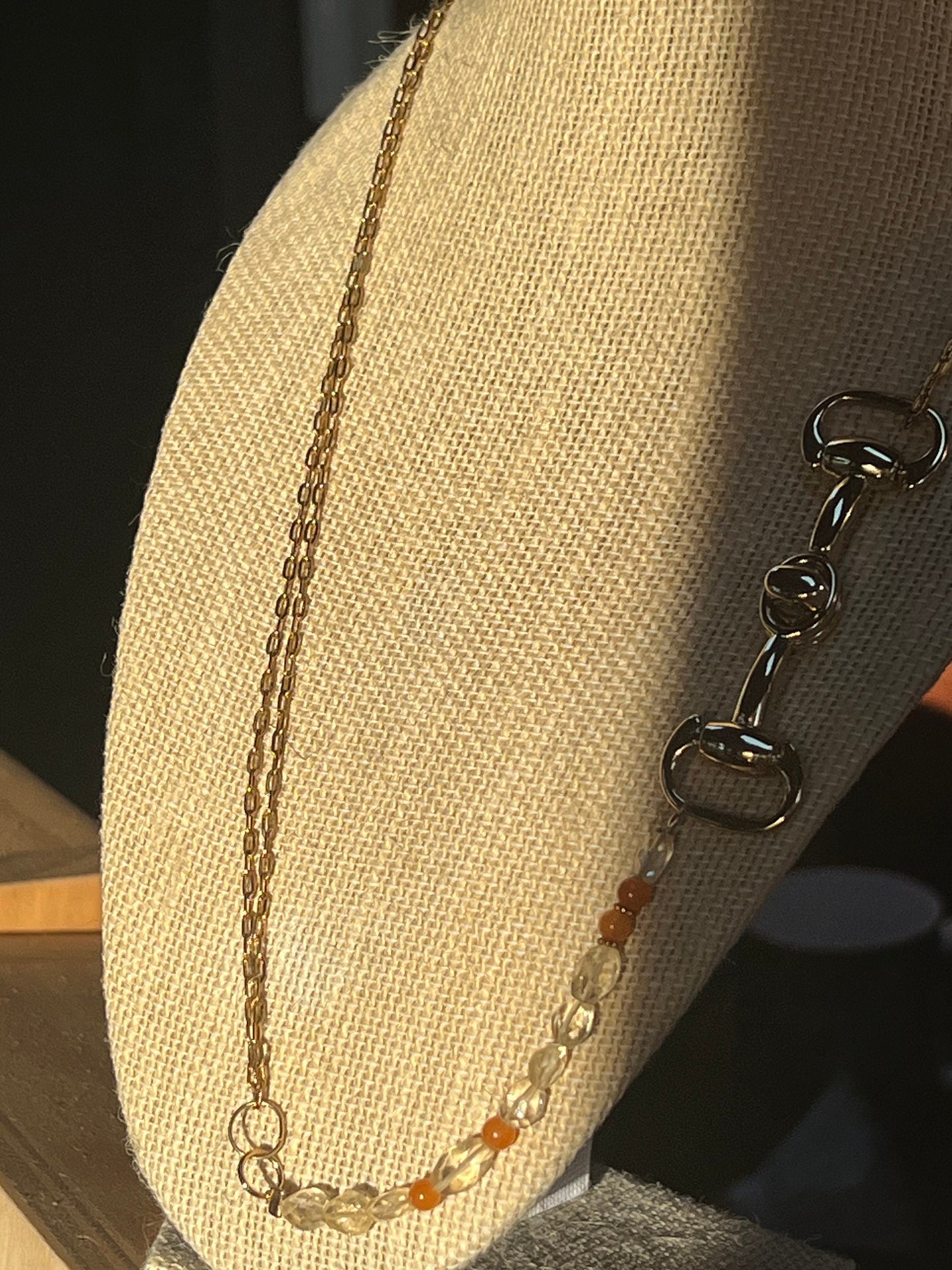 22” Gold Paperlink Necklace with Citrine and Gold Snaffle Horse Bit