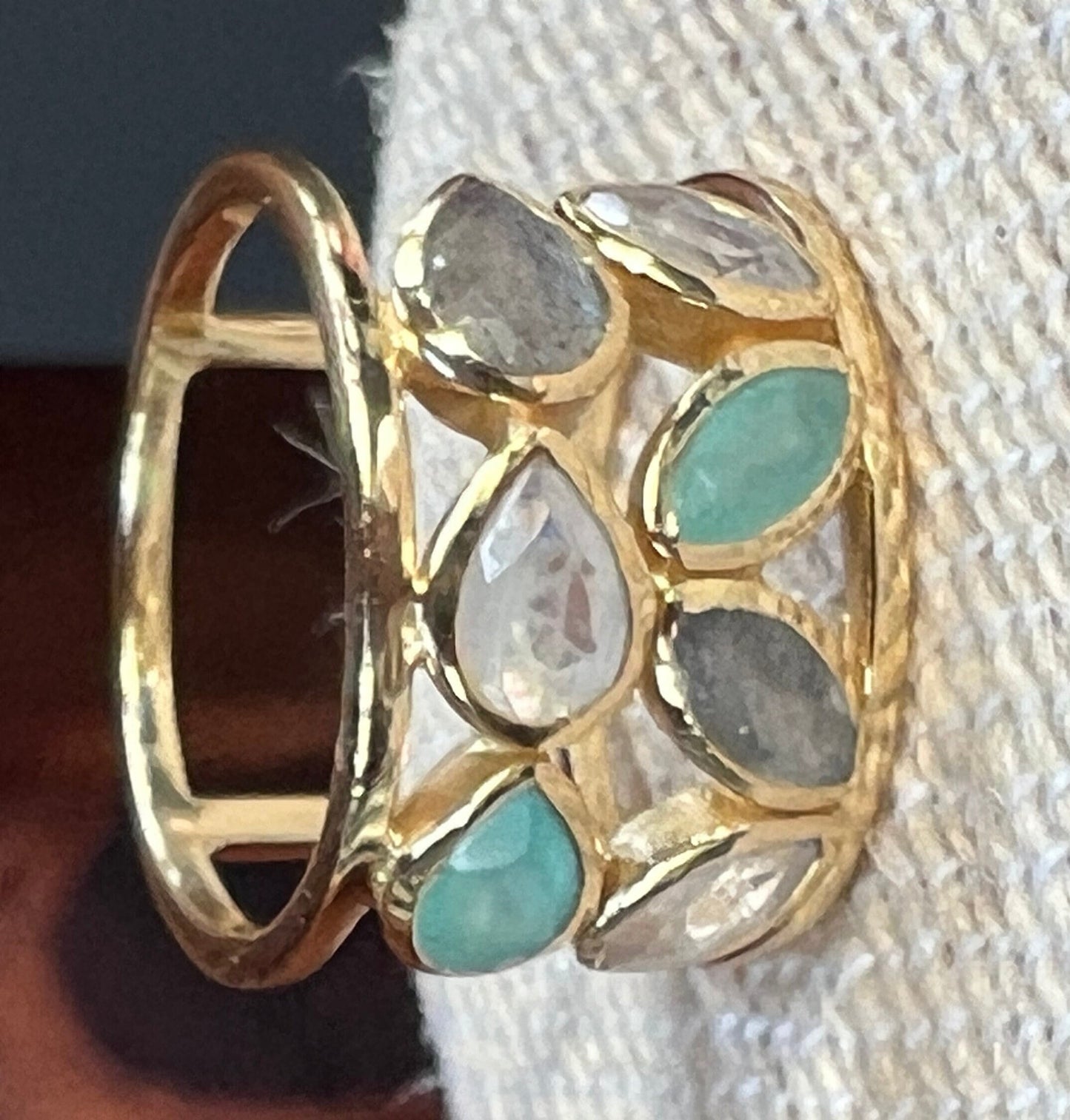 Multi-gem Vermeil Gold Ring size 7, Aqua Chalcedony, Labradorite Price Drop!