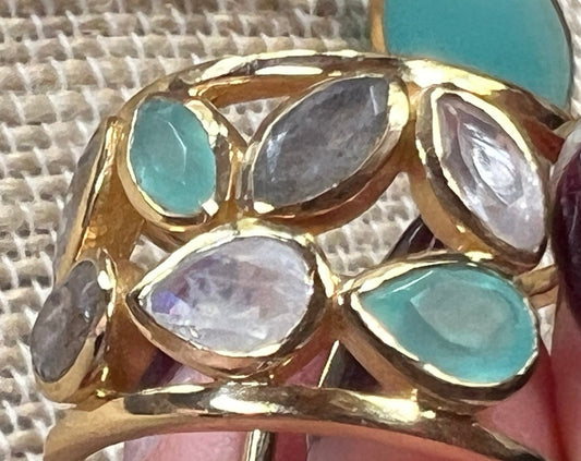 Multi-gem Vermeil Gold Ring size 7, Aqua Chalcedony, Labradorite Price Drop!