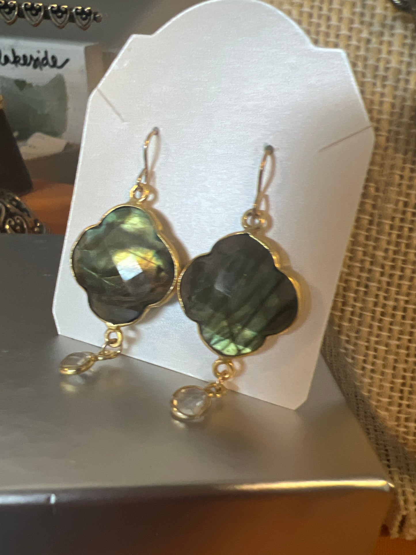 20mm Natural Labradorite Gemstone Earrings w/ Gold w/ rock crystal and Vermeil hooks