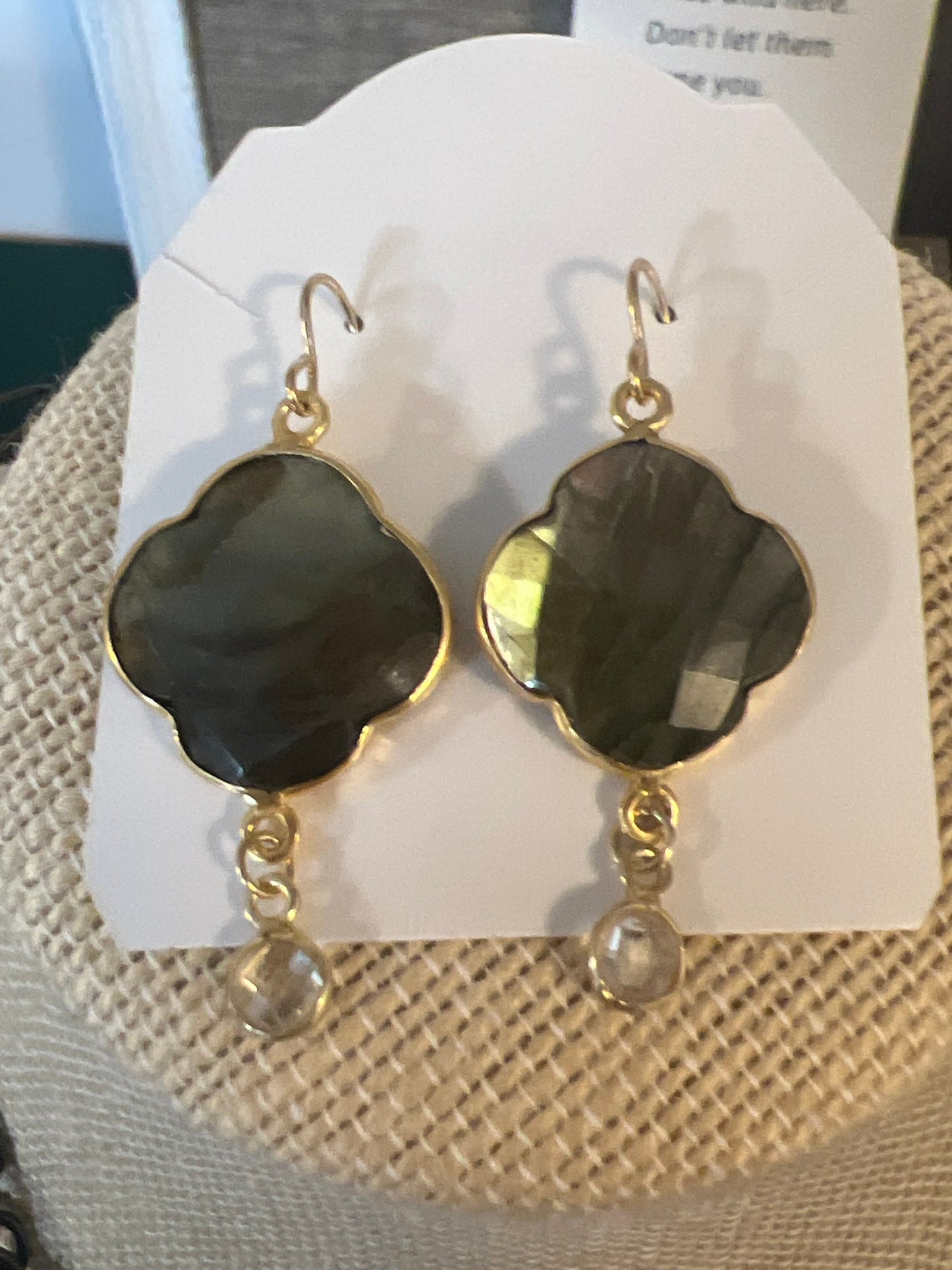 20mm Natural Labradorite Gemstone Earrings w/ Gold w/ rock crystal and Vermeil hooks