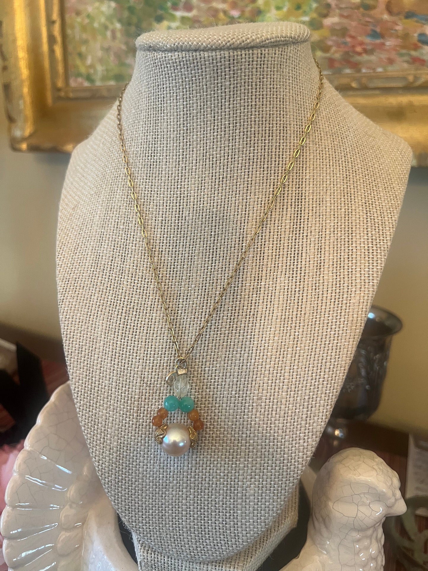 11mm Peach Pearl orange and aqua quartzite with lemon citrine 16” necklace