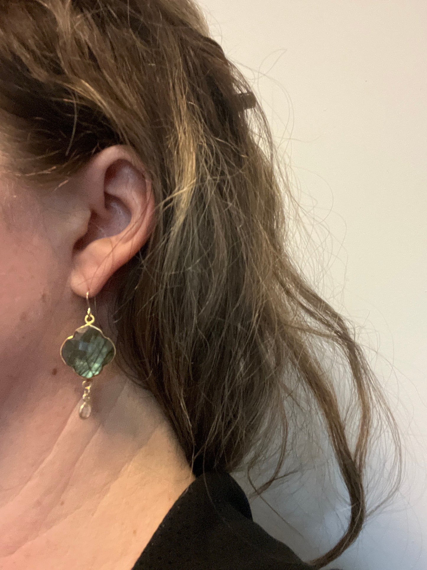 20mm Natural Labradorite Gemstone Earrings w/ Gold w/ rock crystal and Vermeil hooks