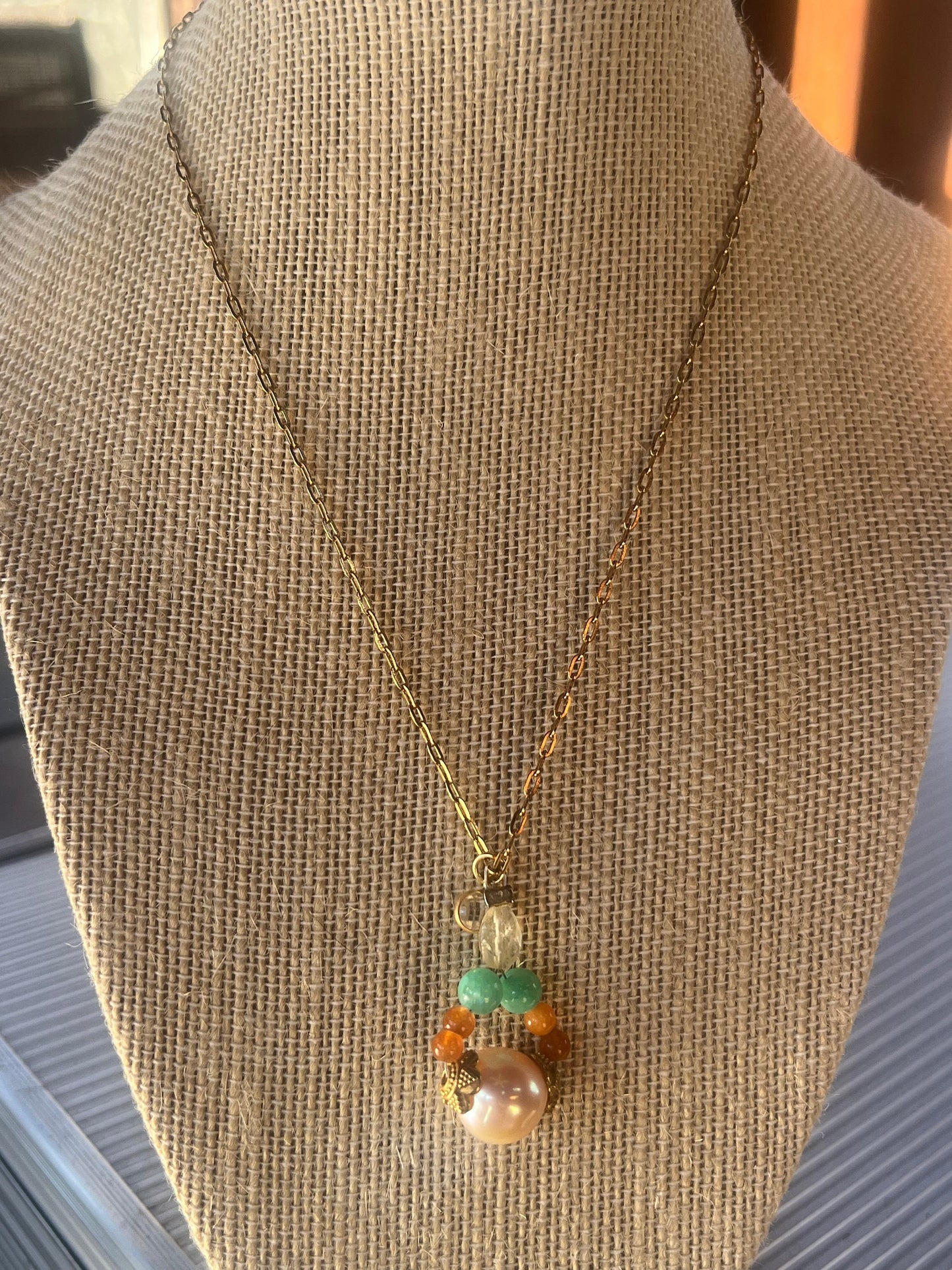 11mm Peach Pearl orange and aqua quartzite with lemon citrine 16” necklace