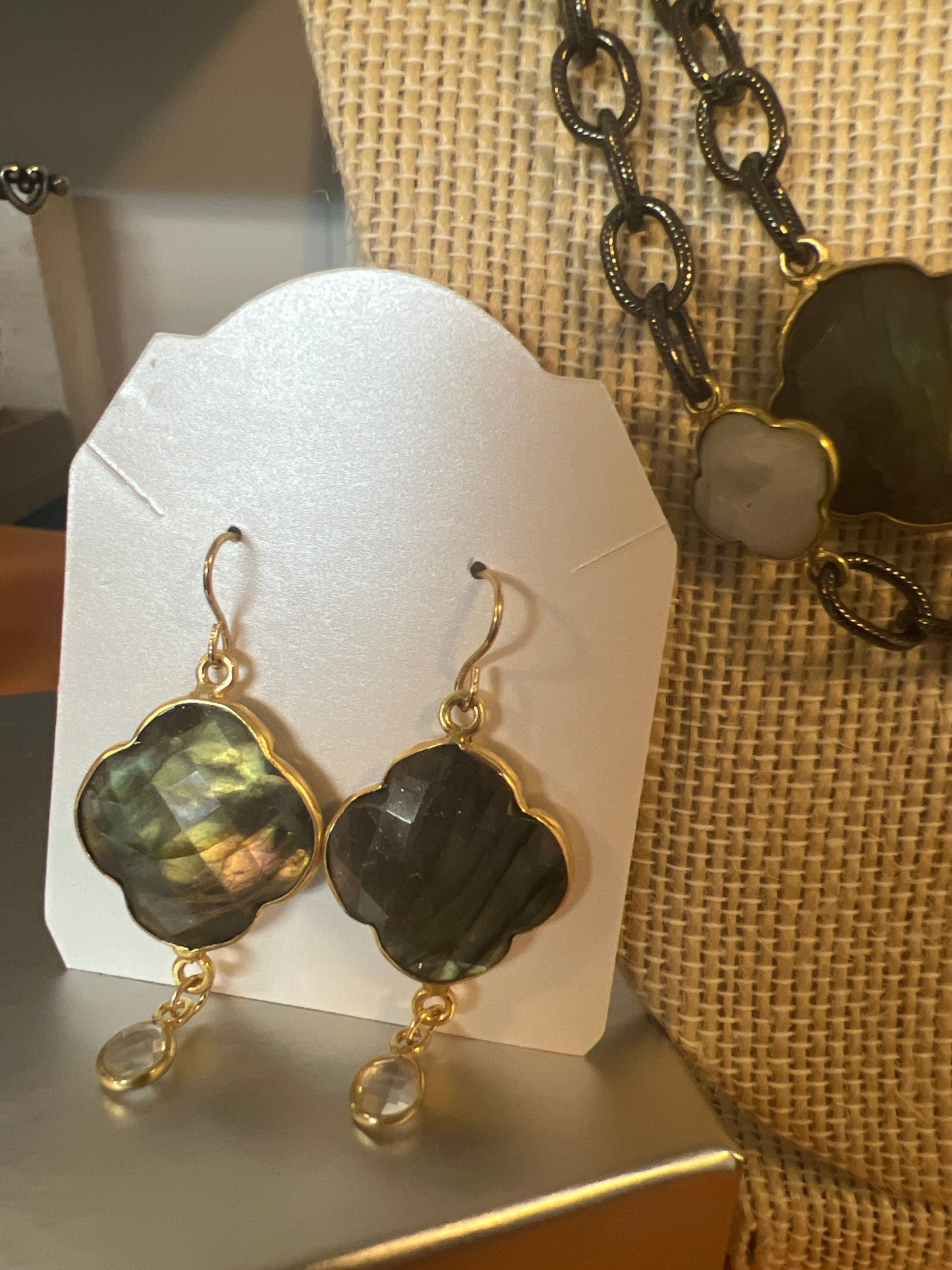 20mm Natural Labradorite Gemstone Earrings w/ Gold w/ rock crystal and Vermeil hooks